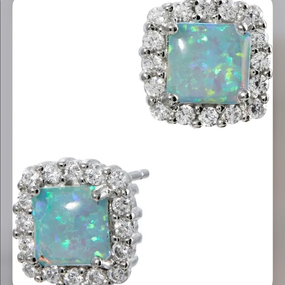 NWOT Savvy Cie Sterling Silver CZ Halo Created Opal Stud Earrings - Picture 3 of 10